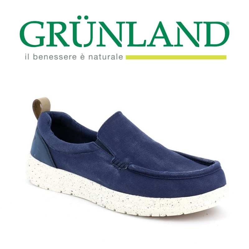 Grunland Scarpa Uomo Mocassino Tessuto STOR SC2811 BLU Sottopiede RE Soft in Pelle